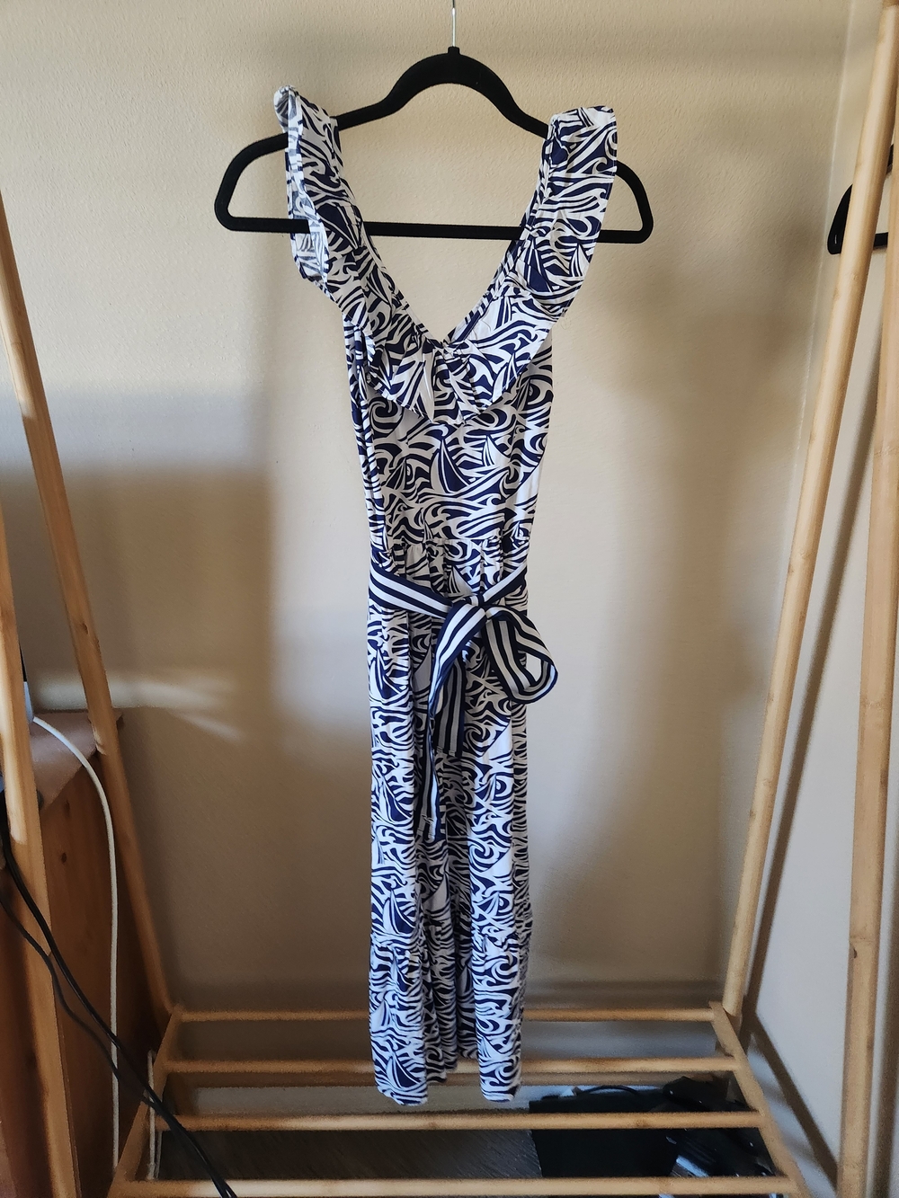 Vineyard Vines Navy and White Printed Jumpsuit with Tie Waist